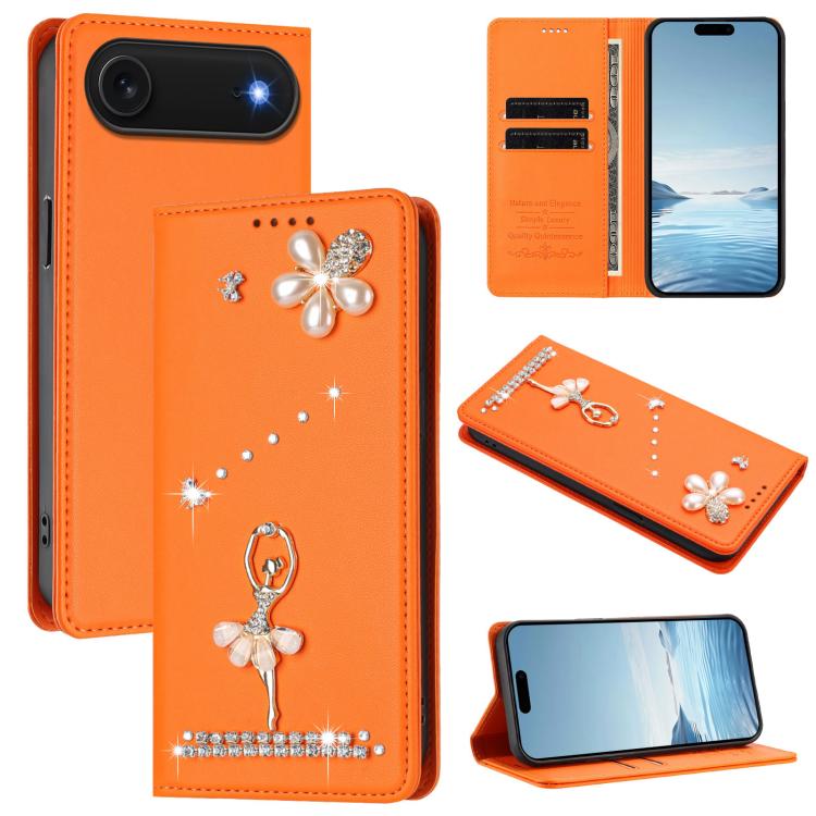 Capa de Telemóvel em Pele Vegana com Diamantes e RFID com Estampa de Bailarina, Para iPhone 17e / 16e, Para iPhone 17 Pro Max, Para iPhone 17 Pro, Para iPhone 17, Para iPhone Air, Para iPhone 16 Pro Max