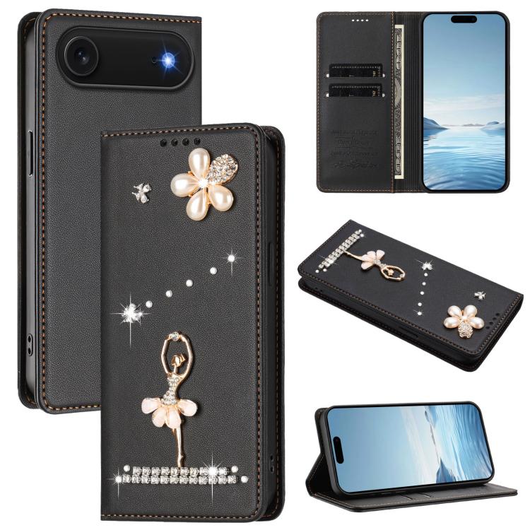 Capa de Telemóvel em Pele Vegana com Diamantes e RFID com Estampa de Bailarina, Para iPhone 17e / 16e, Para iPhone 17 Pro Max, Para iPhone 17 Pro, Para iPhone 17, Para iPhone Air, Para iPhone 16 Pro Max