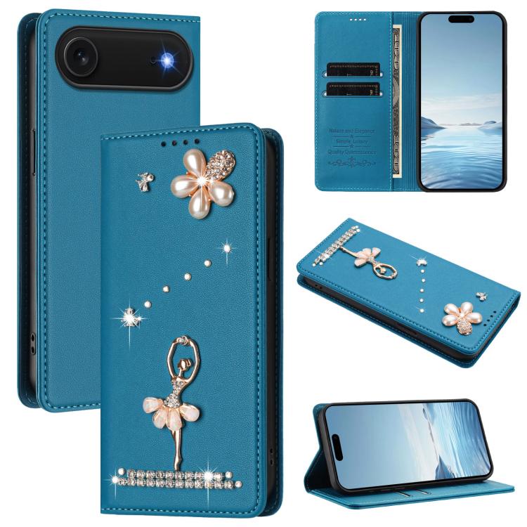 Capa de Telemóvel em Pele Vegana com Diamantes e RFID com Estampa de Bailarina, Para iPhone 17e / 16e, Para iPhone 17 Pro Max, Para iPhone 17 Pro, Para iPhone 17, Para iPhone Air, Para iPhone 16 Pro Max