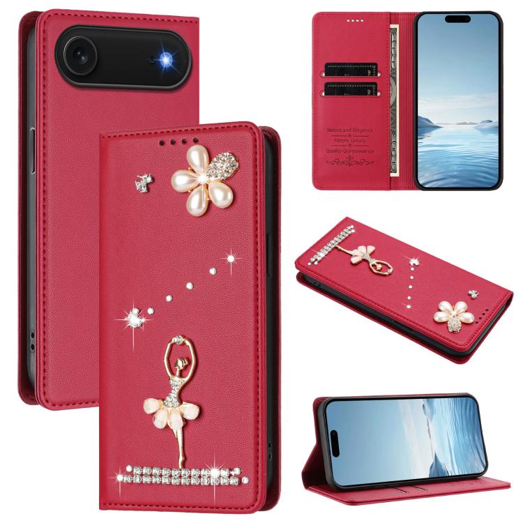 Capa de Telemóvel em Pele Vegana com Diamantes e RFID com Estampa de Bailarina, Para iPhone 17e / 16e, Para iPhone 17 Pro Max, Para iPhone 17 Pro, Para iPhone 17, Para iPhone Air, Para iPhone 16 Pro Max