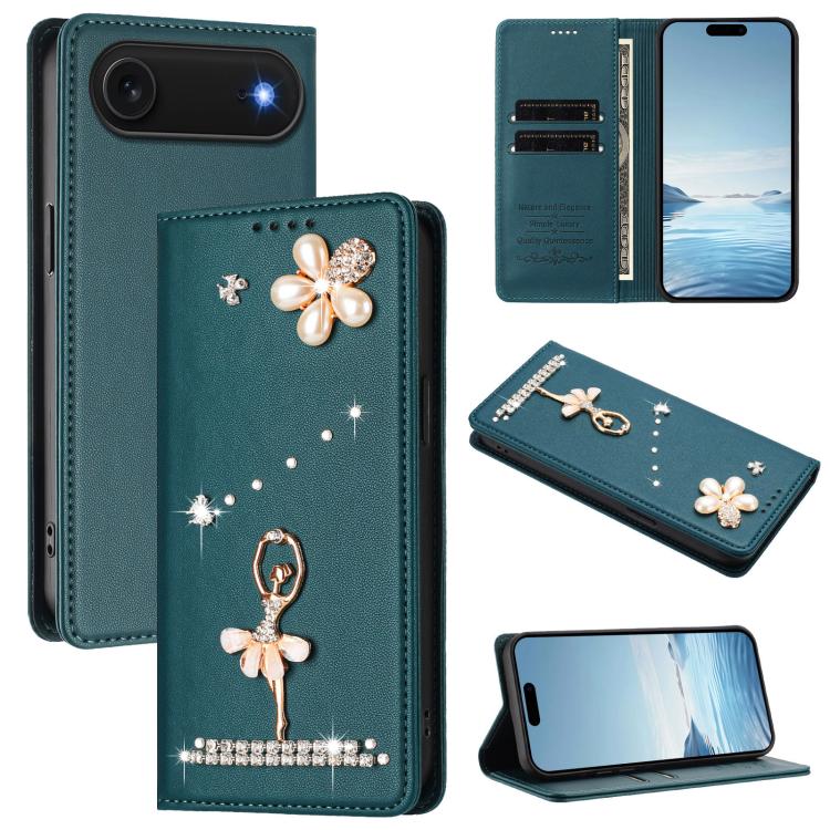 Capa de Telemóvel em Pele Vegana com Diamantes e RFID com Estampa de Bailarina, Para iPhone 17e / 16e, Para iPhone 17 Pro Max, Para iPhone 17 Pro, Para iPhone 17, Para iPhone Air, Para iPhone 16 Pro Max