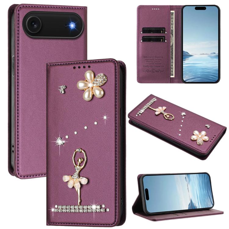 Capa de Telemóvel em Pele Vegana com Diamantes e RFID com Estampa de Bailarina, Para iPhone 17e / 16e, Para iPhone 17 Pro Max, Para iPhone 17 Pro, Para iPhone 17, Para iPhone Air, Para iPhone 16 Pro Max