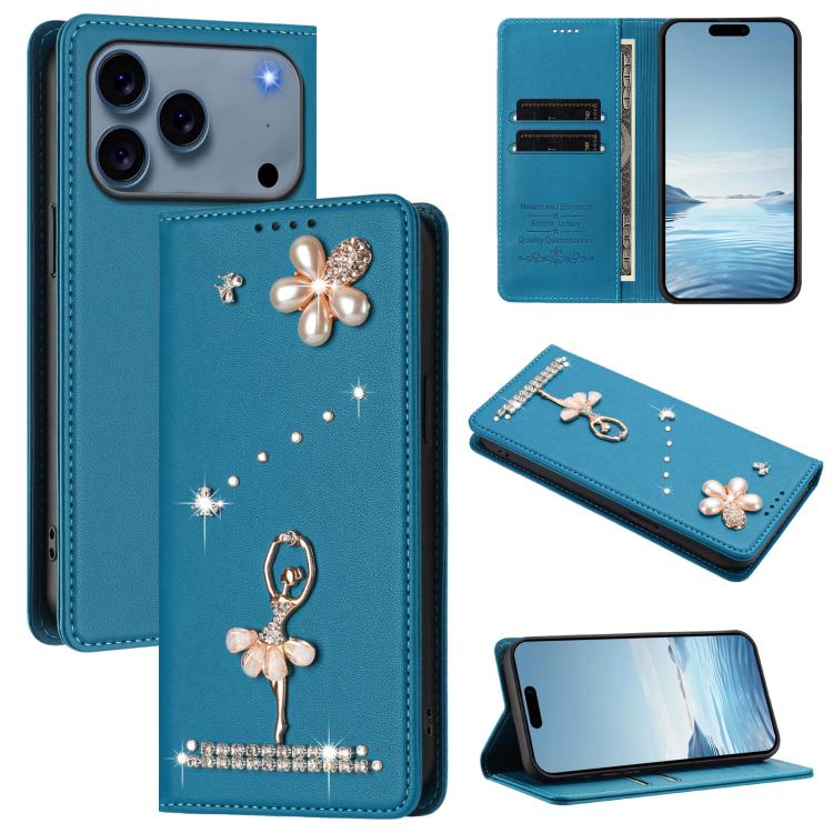 Capa de Telemóvel em Pele Vegana com Diamantes e RFID com Estampa de Bailarina, Para iPhone 17e / 16e, Para iPhone 17 Pro Max, Para iPhone 17 Pro, Para iPhone 17, Para iPhone Air, Para iPhone 16 Pro Max