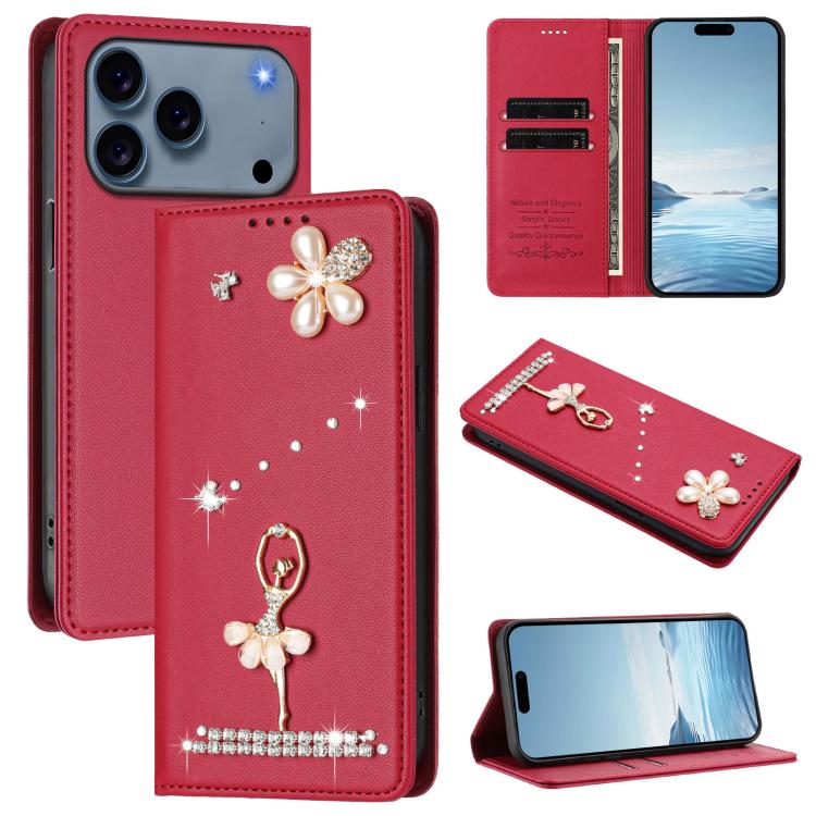 Capa de Telemóvel em Pele Vegana com Diamantes e RFID com Estampa de Bailarina, Para iPhone 17e / 16e, Para iPhone 17 Pro Max, Para iPhone 17 Pro, Para iPhone 17, Para iPhone Air, Para iPhone 16 Pro Max