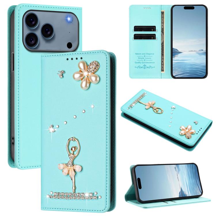 Capa de Telemóvel em Pele Vegana com Diamantes e RFID com Estampa de Bailarina, Para iPhone 17e / 16e, Para iPhone 17 Pro Max, Para iPhone 17 Pro, Para iPhone 17, Para iPhone Air, Para iPhone 16 Pro Max