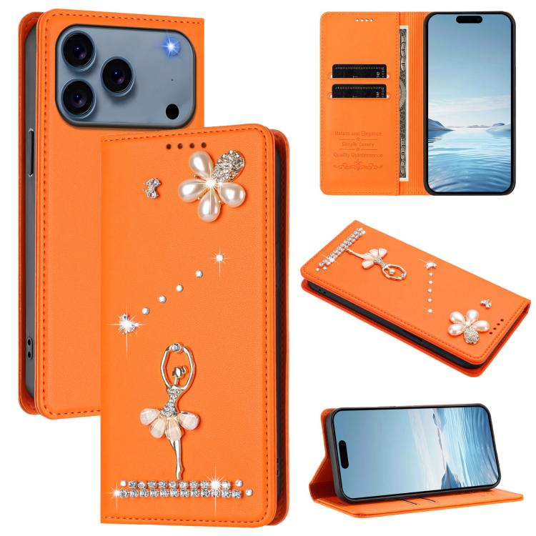 Capa de Telemóvel em Pele Vegana com Diamantes e RFID com Estampa de Bailarina, Para iPhone 17e / 16e, Para iPhone 17 Pro Max, Para iPhone 17 Pro, Para iPhone 17, Para iPhone Air, Para iPhone 16 Pro Max