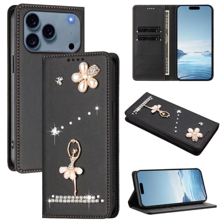 Capa de Telemóvel em Pele Vegana com Diamantes e RFID com Estampa de Bailarina, Para iPhone 17e / 16e, Para iPhone 17 Pro Max, Para iPhone 17 Pro, Para iPhone 17, Para iPhone Air, Para iPhone 16 Pro Max
