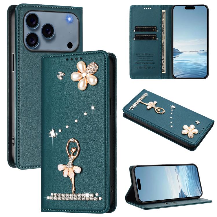Capa de Telemóvel em Pele Vegana com Diamantes e RFID com Estampa de Bailarina, Para iPhone 17e / 16e, Para iPhone 17 Pro Max, Para iPhone 17 Pro, Para iPhone 17, Para iPhone Air, Para iPhone 16 Pro Max