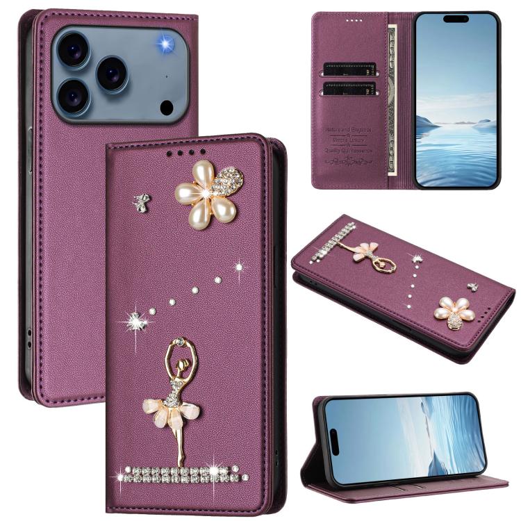 Capa de Telemóvel em Pele Vegana com Diamantes e RFID com Estampa de Bailarina, Para iPhone 17e / 16e, Para iPhone 17 Pro Max, Para iPhone 17 Pro, Para iPhone 17, Para iPhone Air, Para iPhone 16 Pro Max