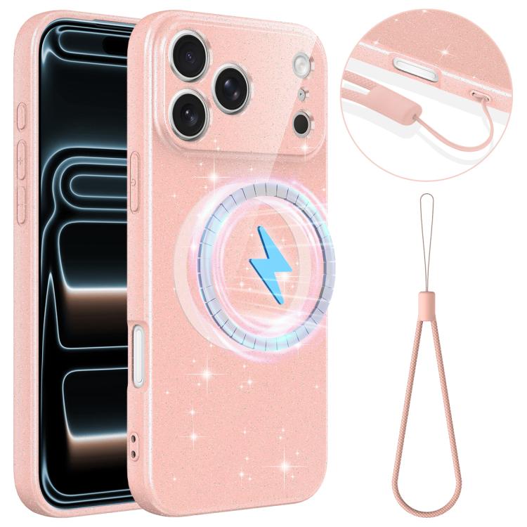 Fine Hole Glossy Glitter Magnetic TPU Phone Case with Same Color Hand Strap, For iPhone 18 Pro, For iPhone 18 Pro Max, For iPhone 17e / 16e, For iPhone 17 Pro Max, For iPhone 17 Pro, For iPhone 17, For iPhone Air, For iPhone 16 Pro Max, For iPhone 16 P...