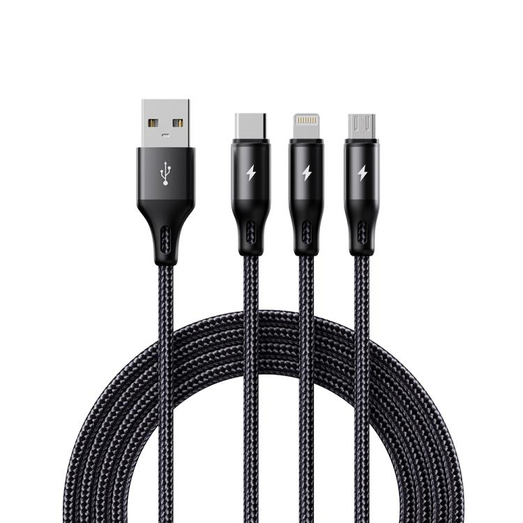 Cabo de Carregamento Metálico Trançado ROCK RCB0790 3 em 1 USB para 8 Pin + Tipo-C + Micro USB, 1,2m, RCB0790