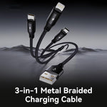 Cabo de Carregamento Metálico Trançado ROCK RCB0790 3 em 1 USB para 8 Pin + Tipo-C + Micro USB, 1,2m, RCB0790