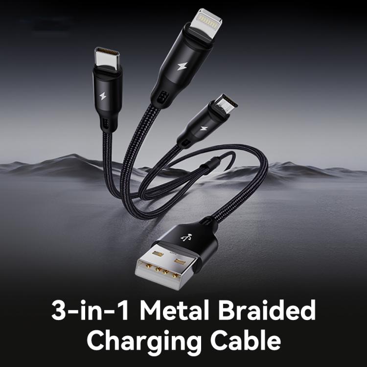 Cabo de Carregamento Metálico Trançado ROCK RCB0790 3 em 1 USB para 8 Pin + Tipo-C + Micro USB, 1,2m, RCB0790