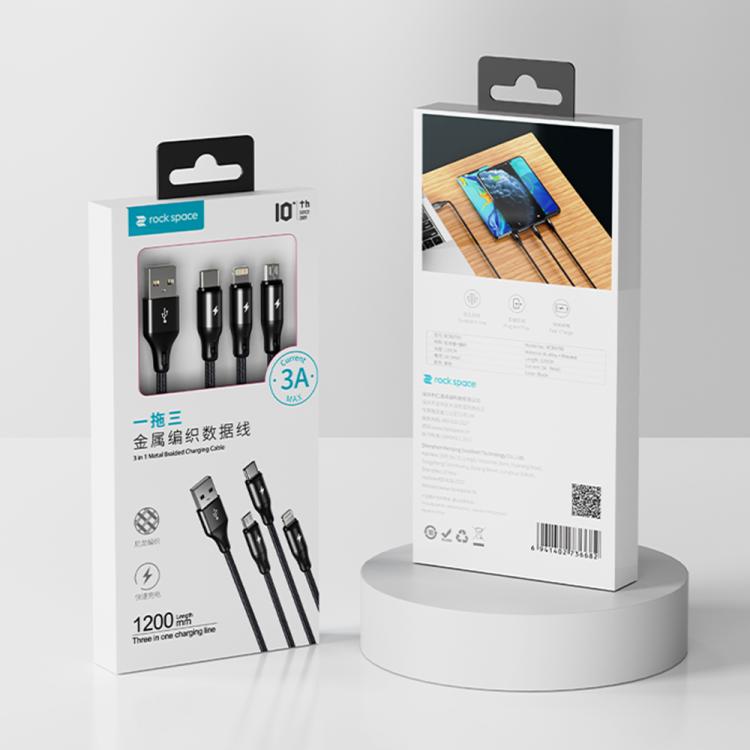 Cabo de Carregamento Metálico Trançado ROCK RCB0790 3 em 1 USB para 8 Pin + Tipo-C + Micro USB, 1,2m, RCB0790