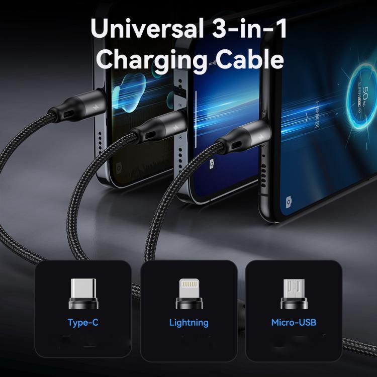 Cabo de Carregamento Metálico Trançado ROCK RCB0790 3 em 1 USB para 8 Pin + Tipo-C + Micro USB, 1,2m, RCB0790