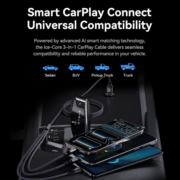 Cabo de Carregamento Metálico Trançado ROCK RCB0790 3 em 1 USB para 8 Pin + Tipo-C + Micro USB, 1,2m, RCB0790