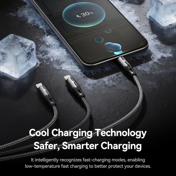 Cabo de Carregamento Metálico Trançado ROCK RCB0790 3 em 1 USB para 8 Pin + Tipo-C + Micro USB, 1,2m, RCB0790