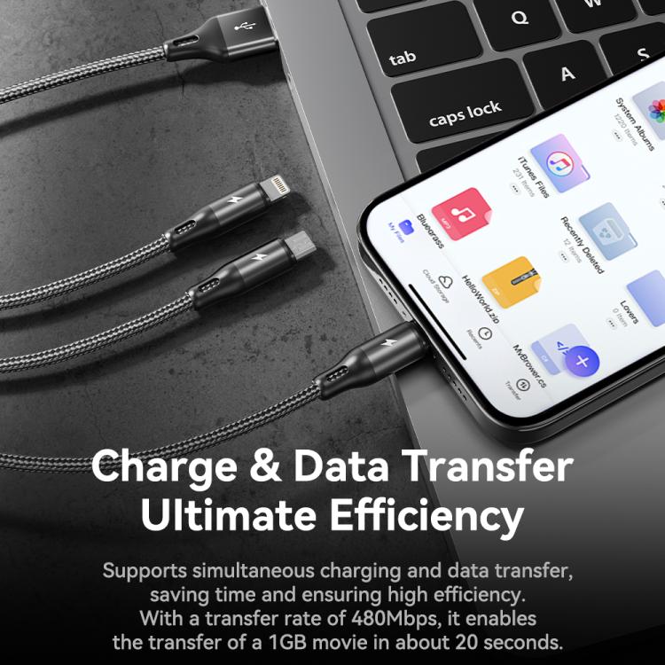 Cabo de Carregamento Metálico Trançado ROCK RCB0790 3 em 1 USB para 8 Pin + Tipo-C + Micro USB, 1,2m, RCB0790
