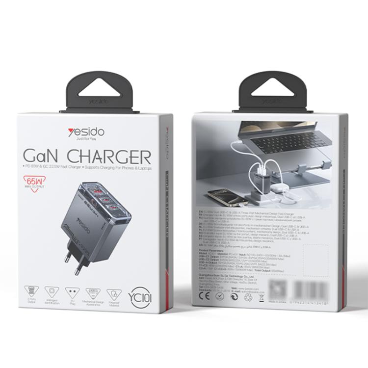 Carregador Rápido Mecha GaN Yesido YC101 65W com Três Portas, YC101