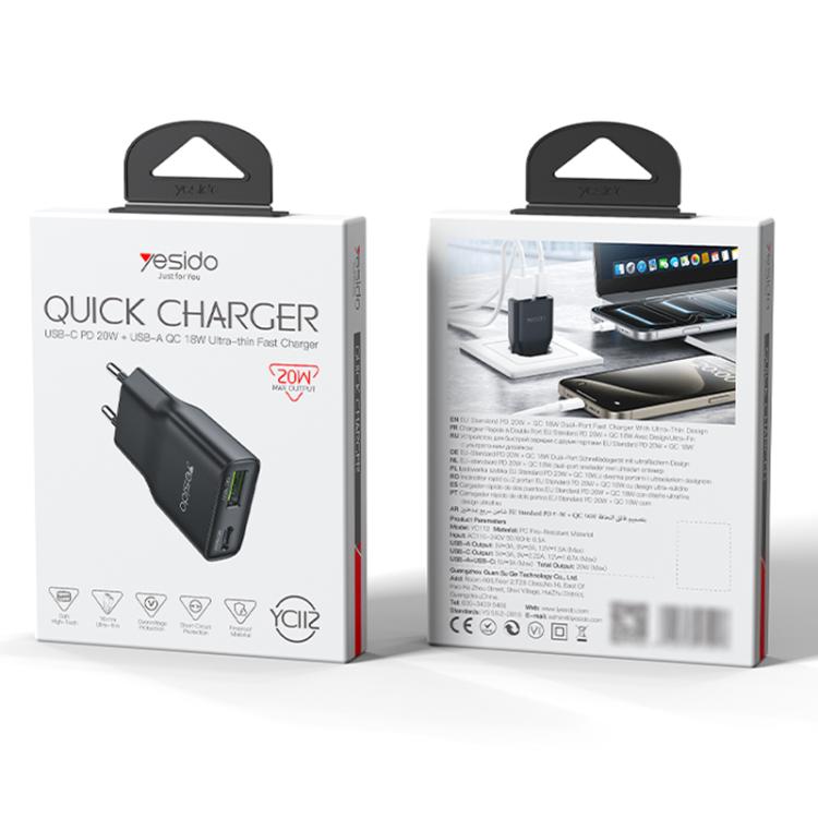 Carregador Rápido Ultra-fino Yesido YC112 20W com Dupla Porta PD QC, YC112