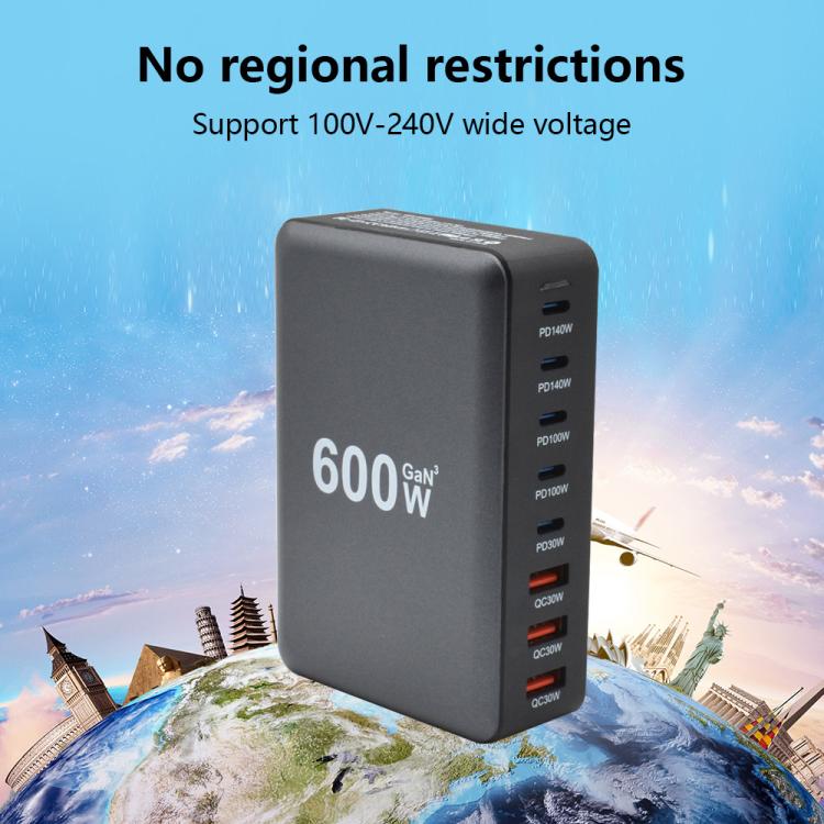 Carregador Rápido de Mesa GaN de Alta Potência 600W USB-C / Tipo-C e USB-A com 8 Portas, Plugue UE, Plugue EUA, Plugue Reino Unido, Plugue AU