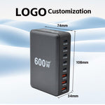 Carregador Rápido de Mesa GaN de Alta Potência 600W USB-C / Tipo-C e USB-A com 8 Portas, Plugue UE, Plugue EUA, Plugue Reino Unido, Plugue AU