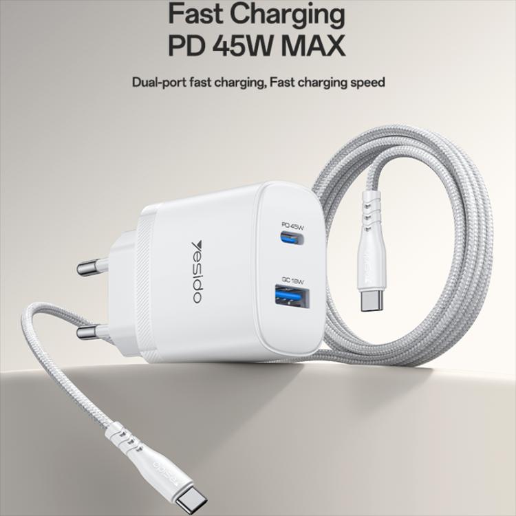 Conjunto de Carregador Rápido Yesido PD45W com Interfaces USB e Tipo-C, Plugue UE, Plugue Reino Unido, Plugue EUA