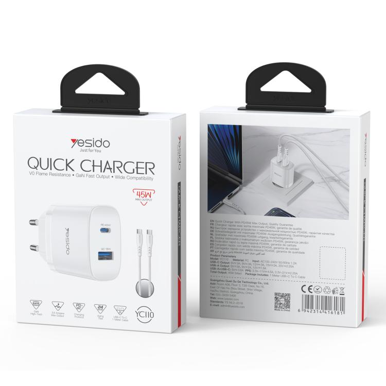 Conjunto de Carregador Rápido Yesido PD45W com Interfaces USB e Tipo-C, Plugue UE, Plugue Reino Unido, Plugue EUA