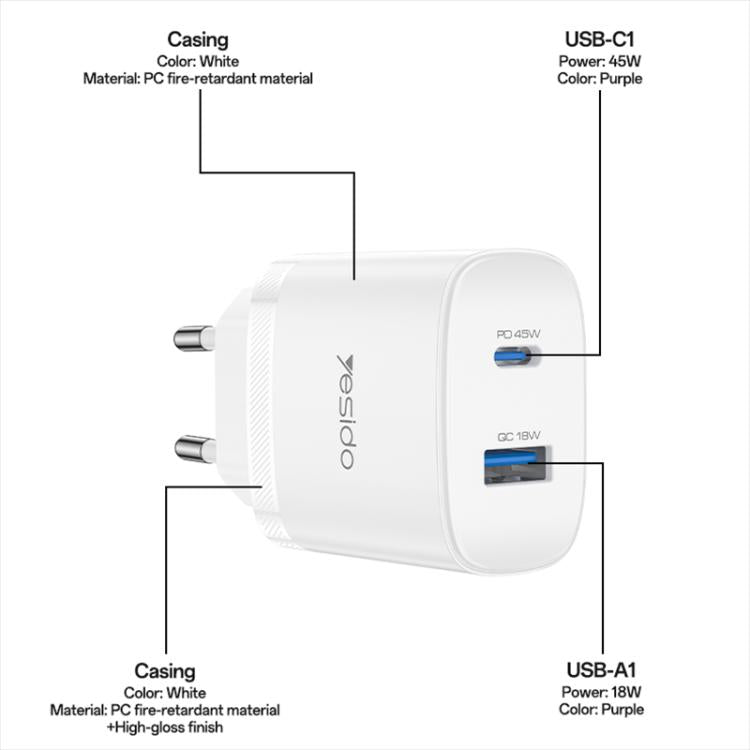 Conjunto de Carregador Rápido Yesido PD45W com Interfaces USB e Tipo-C, Plugue UE, Plugue Reino Unido, Plugue EUA