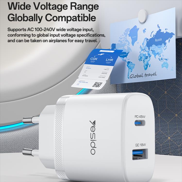Conjunto de Carregador Rápido Yesido PD45W com Interfaces USB e Tipo-C, Plugue UE, Plugue Reino Unido, Plugue EUA