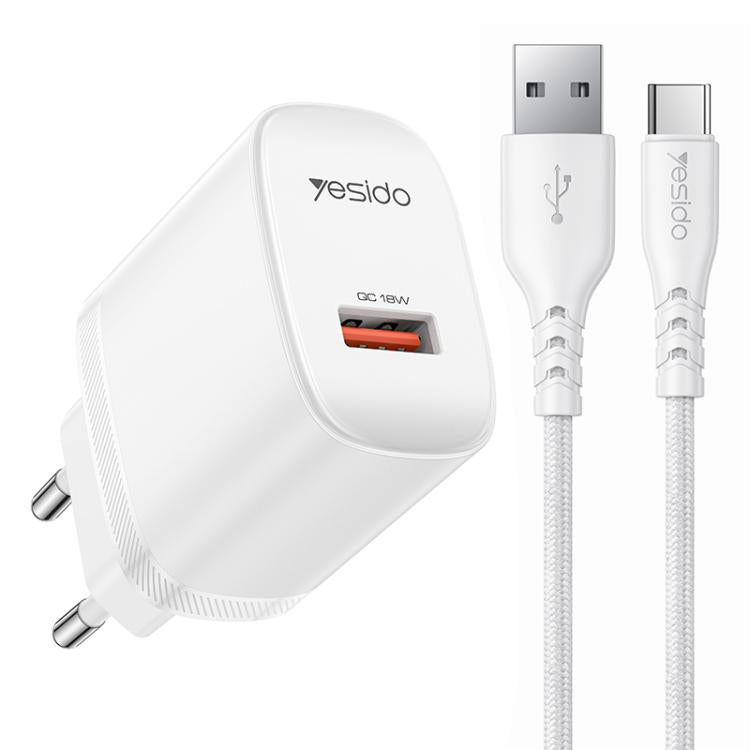 Conjunto de Carregador USB de Interface Única Yesido 18W com Cabo USB para Tipo-C, Plugue UE, Plugue Reino Unido, Plugue EUA