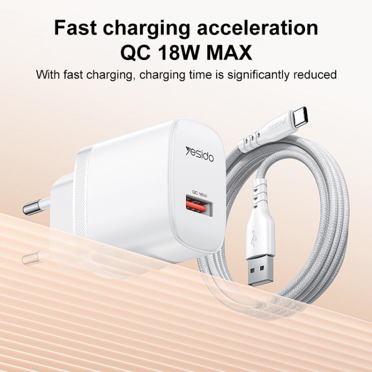 Conjunto de Carregador USB de Interface Única Yesido 18W com Cabo USB para Tipo-C, Plugue UE, Plugue Reino Unido, Plugue EUA