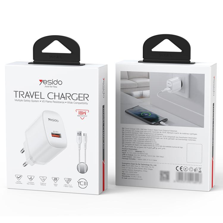 Conjunto de Carregador USB de Interface Única Yesido 18W com Cabo USB para Tipo-C, Plugue UE, Plugue Reino Unido, Plugue EUA
