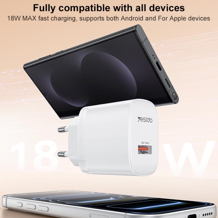 Conjunto de Carregador USB de Interface Única Yesido 18W com Cabo USB para Tipo-C, Plugue UE, Plugue Reino Unido, Plugue EUA