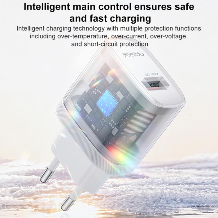 Conjunto de Carregador USB de Interface Única Yesido 18W com Cabo USB para Tipo-C, Plugue UE, Plugue Reino Unido, Plugue EUA