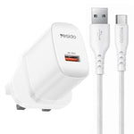 Conjunto de Carregador USB de Interface Única Yesido 18W com Cabo USB para Tipo-C, Plugue UE, Plugue Reino Unido, Plugue EUA