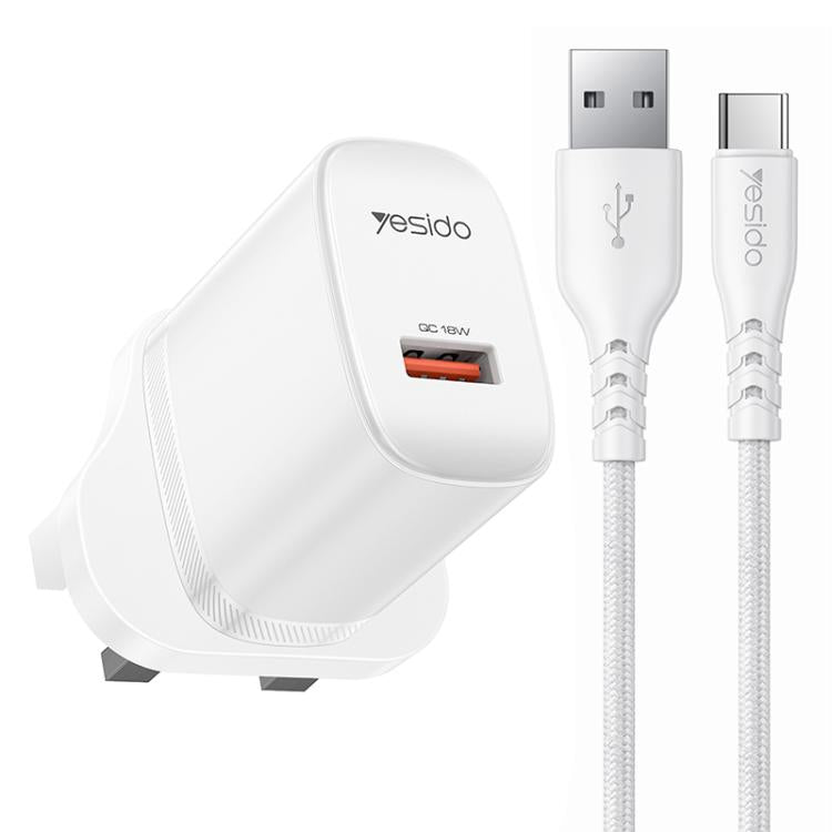 Conjunto de Carregador USB de Interface Única Yesido 18W com Cabo USB para Tipo-C, Plugue UE, Plugue Reino Unido, Plugue EUA
