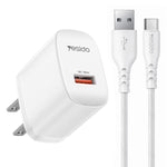 Conjunto de Carregador USB de Interface Única Yesido 18W com Cabo USB para Tipo-C, Plugue UE, Plugue Reino Unido, Plugue EUA