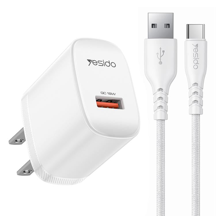 Conjunto de Carregador USB de Interface Única Yesido 18W com Cabo USB para Tipo-C, Plugue UE, Plugue Reino Unido, Plugue EUA