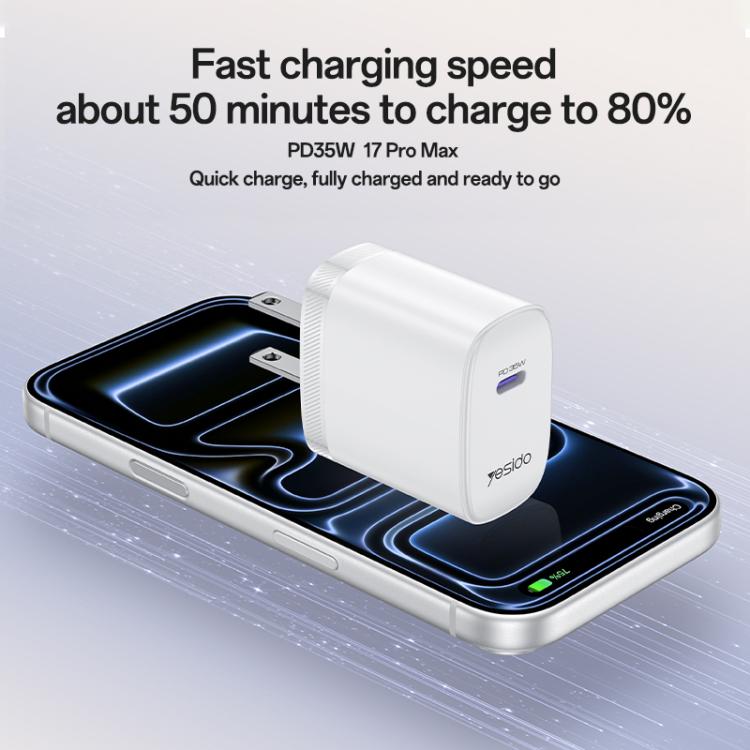 Conjunto de Carregador Rápido Yesido YC20U PD35W USB-C / Tipo-C com Porta Única com Cabo Tipo-C para Tipo-C, YC20U