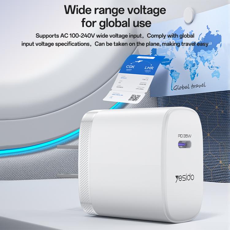 Conjunto de Carregador Rápido Yesido YC20U PD35W USB-C / Tipo-C com Porta Única com Cabo Tipo-C para Tipo-C, YC20U
