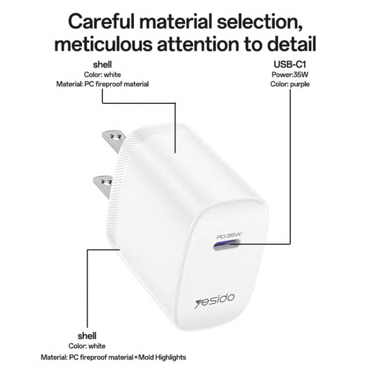 Conjunto de Carregador Rápido Yesido YC20U PD35W USB-C / Tipo-C com Porta Única com Cabo Tipo-C para Tipo-C, YC20U
