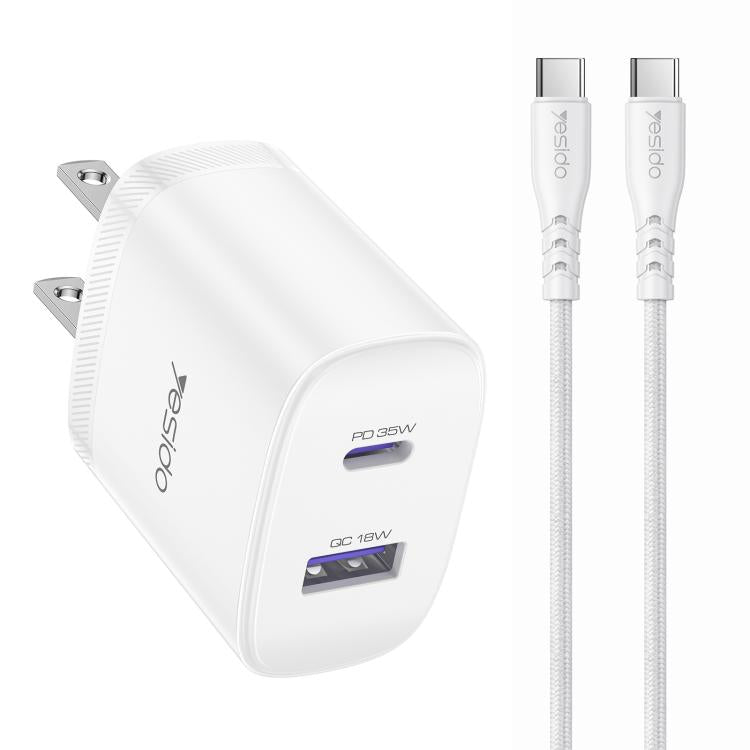Kit de Carregador Rápido Yesido PD35W Tipo-C, USB com Cabo Tipo-C para Tipo-C, Plugue EUA, Plugue UE, Plugue Reino Unido