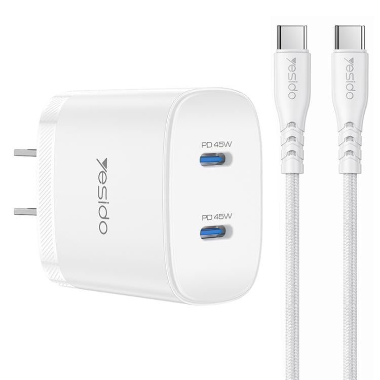 Kit de Carregador Rápido Yesido PD45W Dual Tipo-C com Cabo Tipo-C para Tipo-C, Plugue EUA, Plugue UE, Plugue Reino Unido