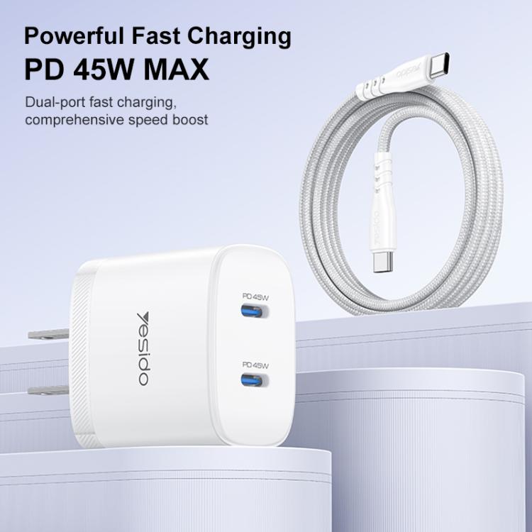 Kit de Carregador Rápido Yesido PD45W Dual Tipo-C com Cabo Tipo-C para Tipo-C, Plugue EUA, Plugue UE, Plugue Reino Unido