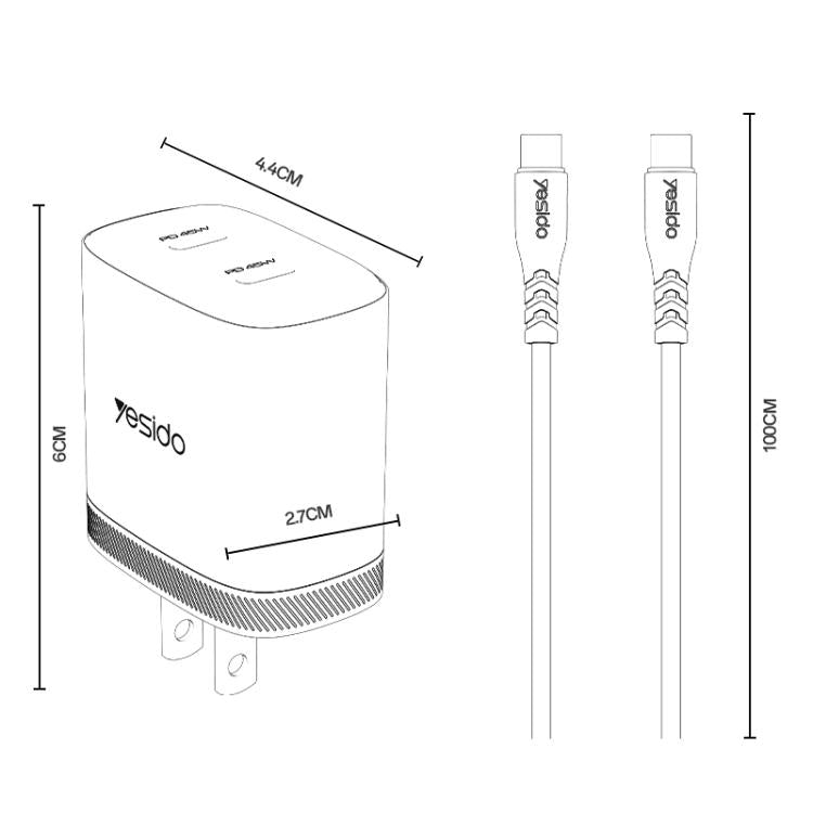 Kit de Carregador Rápido Yesido PD45W Dual Tipo-C com Cabo Tipo-C para Tipo-C, Plugue EUA, Plugue UE, Plugue Reino Unido