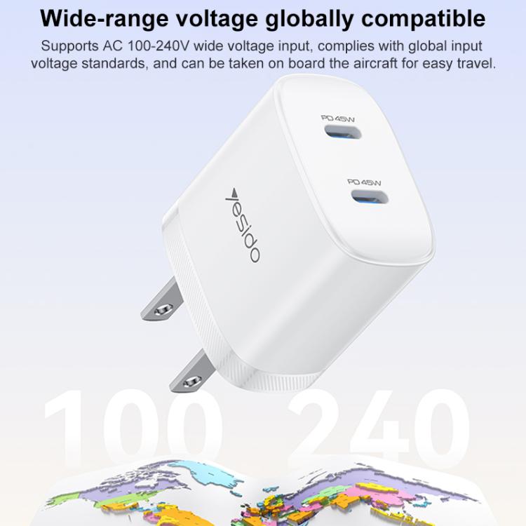 Kit de Carregador Rápido Yesido PD45W Dual Tipo-C com Cabo Tipo-C para Tipo-C, Plugue EUA, Plugue UE, Plugue Reino Unido