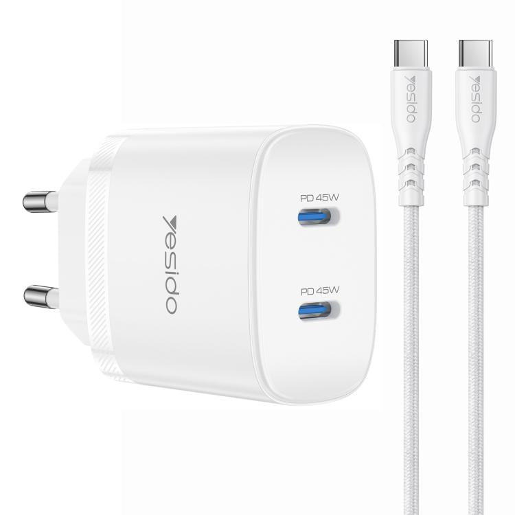 Kit de Carregador Rápido Yesido PD45W Dual Tipo-C com Cabo Tipo-C para Tipo-C, Plugue EUA, Plugue UE, Plugue Reino Unido