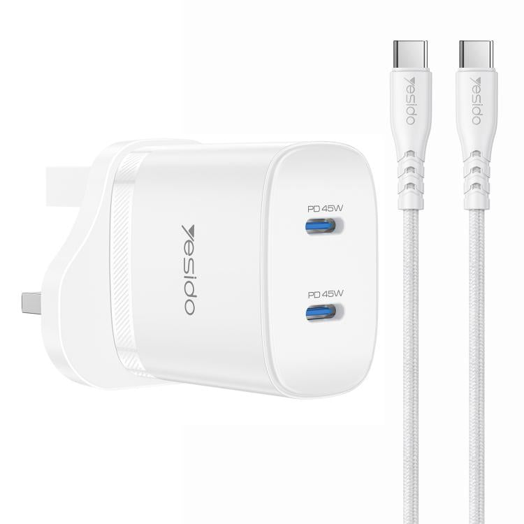 Kit de Carregador Rápido Yesido PD45W Dual Tipo-C com Cabo Tipo-C para Tipo-C, Plugue EUA, Plugue UE, Plugue Reino Unido