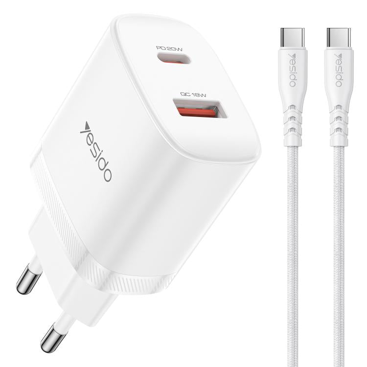 Conjunto de Carregador Yesido YC106 PD20W USB-C / Tipo-C e QC18W USB-A com Duas Portas com Cabo Tipo-C para Tipo-C, YC106